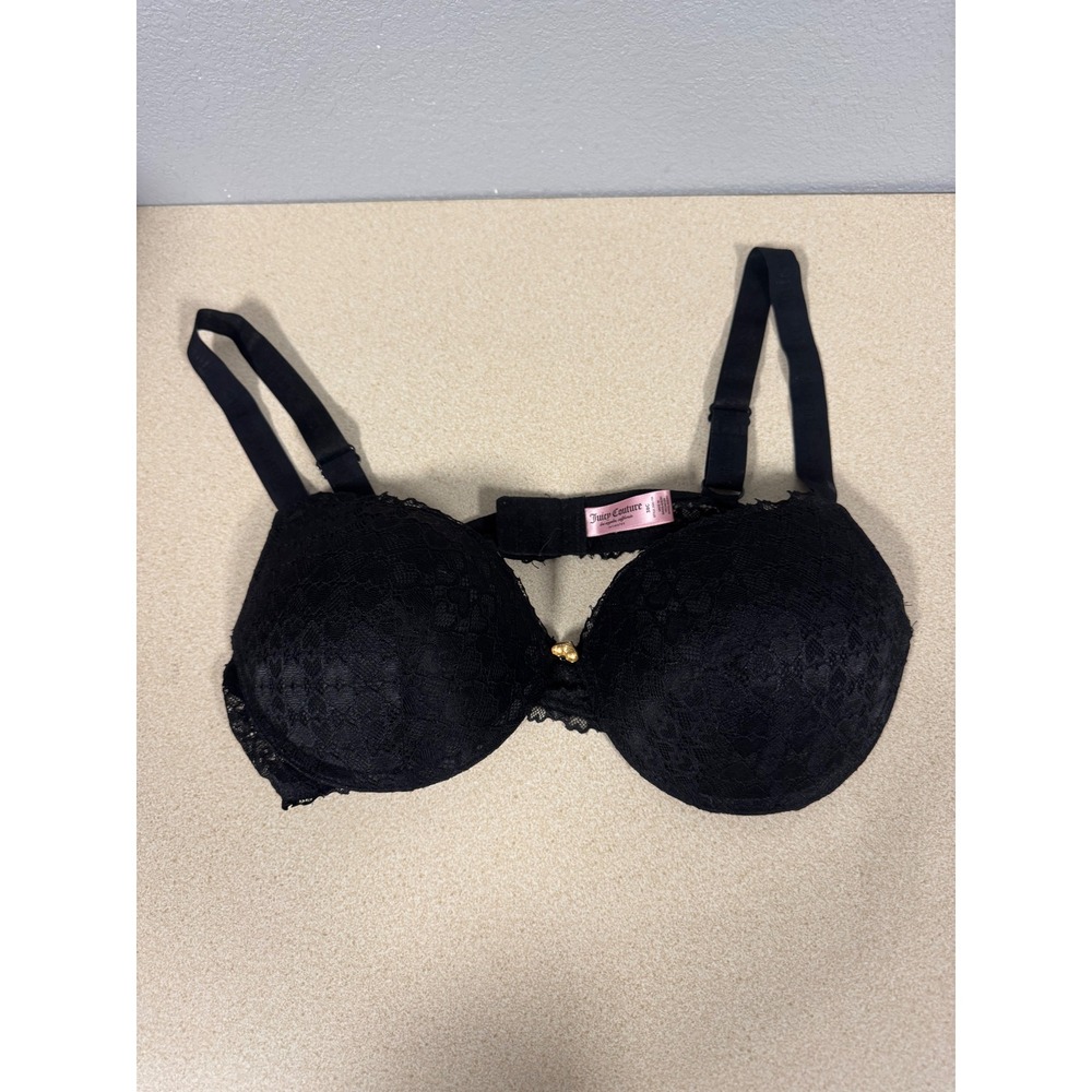 Juicy Couture Intimates Black Lace Push Up Bra Gold Heart Charm 38C 2550-188